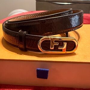 Fendi Dark Brown Leather Belt with Gold Logo Buckle